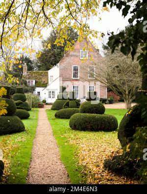 Un cliché vertical du manoir avec des buis dans la cour de Hemingford Gray, Cambridgeshire, Angleterre Banque D'Images