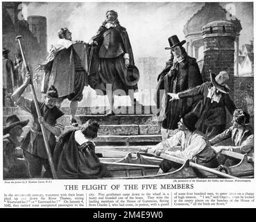 Demi-ton de Charles I à la poursuite de cinq députés de la Chambre des communes qui viennent d'échapper à l'arrestation, d'une publication éducative en 1927. Ces événements ont conduit à la guerre civile qui s'est terminée par Charles être jugé, condamné et exécuté. Banque D'Images