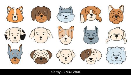 Jeu de caractères de contour de dessin animé d'émotion de visages de chien. Mignon chiot kawaii tête muzzle doodle icône. Sourire drôle enfant chien chien chien BD plat autocollant. Modèle d'illustration pour carte enfant, affiche, couverture Illustration de Vecteur