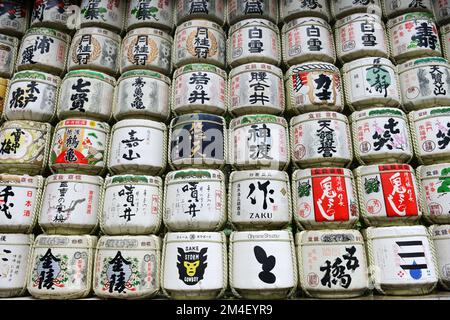 Fûts de saké colorés à l'entrée de la route de gravier du sanctuaire Meiji Jingu à Tokyo, Japon. Banque D'Images