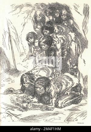 Les néandertaliens tentent de déclencher un incendie. Représentation d'une culture préhistorique. Ancienne illustration en noir et blanc. Dessin vintage. Illustration par Zdenek Burian. Zdenek Michael Frantisek Burian (11 février 1905 à Koprivnice, Moravie, Autriche-Hongrie 1 juillet 1981 à Prague, Tchécoslovaquie) est un peintre, illustrateur de livres et paléoartiste tchèque dont les travaux ont joué un rôle central dans le développement de la reconstruction paléontologique. À l'origine reconnue uniquement en Tchécoslovaquie natale, la renommée de Burian s'est par la suite étendue à un public international au cours d'une carrière remarquable s'étendant sur six décennies (1930s à 19 Banque D'Images