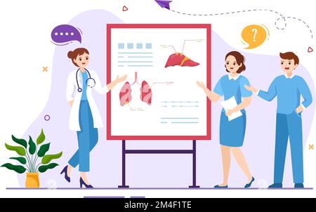 École de médecine avec des étudiants à l'écoute de la lecture de docteur et l'apprentissage de la science en classe en dessin à plat dessin à la main dessin de modèle Illustration Illustration de Vecteur