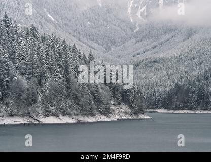 Le lac Capilano entouré d'un magnifique paysage hivernal enneigé dans le parc régional de la rivière Capilano à North Vancouver, Colombie-Britannique, Canada Banque D'Images