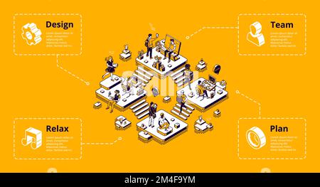Bannière de l'infographie sur l'organisation des entreprises. Concept de travail de bureau. Illustration vectorielle isométrique de la gestion de l'entreprise, du personnel, de l'équipe, de la planification, de la conception et de l'espace détente Illustration de Vecteur