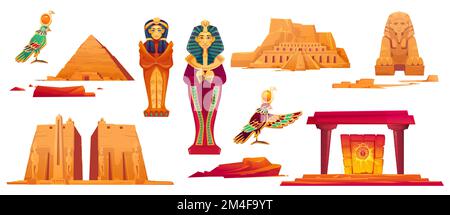 Monuments de l'Égypte ancienne. Icônes vectorielles ensemble de sculptures de dieux égyptiens, sphinx, pyramide et sarcophage doré de pharaon et reine. Temples historiques et obélisque isolés sur fond blanc Illustration de Vecteur