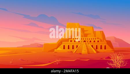 Égypte temple mortuaire de la reine Hatshepsut à Deir al-Bahri, monument égyptien de renommée mondiale dans le paysage du désert avec des tumbleeeds. Bâtiment d'architecture d'attraction touristique, illustration vectorielle de dessin animé Illustration de Vecteur