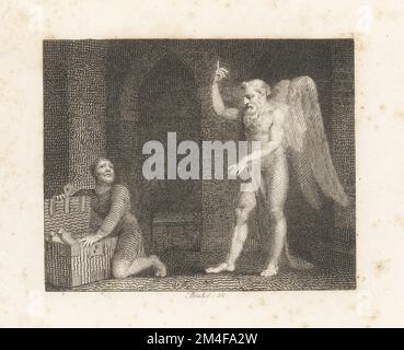 Le Miser et le Plutus. Une figure barbu ailée de Plutus, le dieu grec de la richesse, se tient devant un méfait protégeant son cervelle de Trésor dans une poitrine. Gravure sur plaque de coperplate de William Blake d'après une illustration de William Kent de Fables par John gay, avec a Life of the Author, John Stockdale, Londres, 1793. Banque D'Images