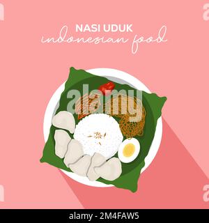 illustration vectorielle de nasi uduk alimentaire indonésienne au design plat Illustration de Vecteur