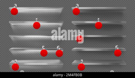 Tablettes en verre avec lumières à DEL et verres rouges. Maquette réaliste vectorielle de tablettes vides avec étiquettes de prix en plastique rondes vierges pour supermarché, boutique ou exposition isolées sur fond transparent Illustration de Vecteur