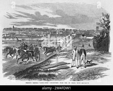 Prince's Bridge - aller à la maison - Melbourne depuis St. Kilda Road. Montre la ville de Melbourne depuis le côté sud de la Yarra River, avec vue sur le Prince's Bridge avec des gens en véhicules à cheval et en chevaux. Illustration du journal australien de 1864. Banque D'Images