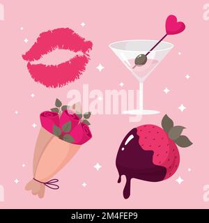 mignon dessin animé valentines jour éléments martini lèvre imprimé bouquet de roses et fraises enrobées de chocolat Illustration de Vecteur