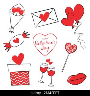 ensemble d'éléments de jour de saint valentin heureux, bouquet de roses, balons, boîte-cadeau, bonbons, enveloppe et lèvres Illustration de Vecteur