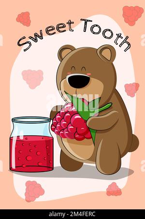 Carte mignonne avec un ours avec une dent douce et un pot de confiture de framboises Illustration de Vecteur