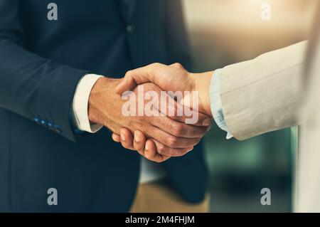 Avoir une bonne prise en main sur l'entreprise. deux hommes d'affaires qui se secouent la main dans un bureau moderne. Banque D'Images