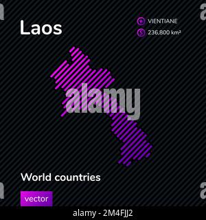 Carte vectorielle plate du Laos avec texture à rayures violettes, violettes, roses sur fond noir. Bannière éducative, affiche sur le Laos Illustration de Vecteur