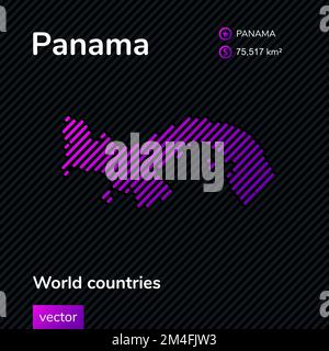 Carte de Panama. Carte vectorielle fluo avec texture à rayures violettes, violettes et roses sur fond noir. Bannière éducative, affiche sur la carte du Panama Illustration de Vecteur