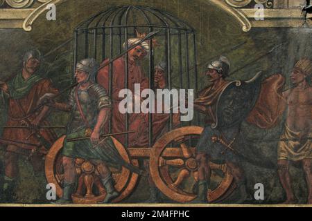 Sultan Ottoman Bayezid I dans une cage après la défaite à la bataille d'Ankara de 1402 par son conquérant Turco-Mongol, Timur, Tamerberg ou Tamerlane le Grand. Détail de 1675 frises de fresques processionnelles à travers la façade de Haus zum Grossen Käfig (Maison de la Grande cage) à Vorstadt 43 dans l'Altstadt ou la vieille ville de Schaffhausen, au nord de la Suisse. Banque D'Images