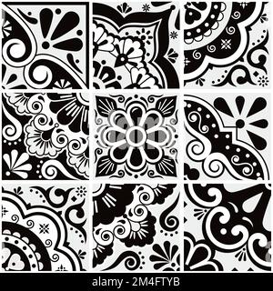 Grand ensemble de tuiles mexicaines décoratives talavera - motif vectoriel sans couture, collection rétro noir et blanc avec fleurs et formes géométriques Illustration de Vecteur