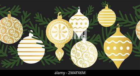 Boules de Noël dorées avec bordure vectorielle sans couture. Motif horizontal répété avec décoration de Noël élégante suspendue guirlande or foi. Pour les vacances Illustration de Vecteur