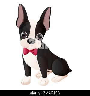 Boston terrier cool chiot avec noeud debout dans le style de dessin animé isolé sur fond blanc. Joli motif chien et imprimé. Illustration vectorielle Illustration de Vecteur