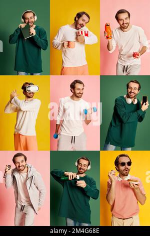 Collage. Portraits de jeunes hommes dans différents costumes de mode, tenues sur fond multicolore. Concept de mode de vie heureux et actif Banque D'Images