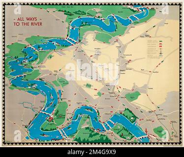 Carte des transports de Londres - TOUS LES MOYENS DE LA RIVIÈRE - CHARLES BURTON, 1932 - Métro, Hôtels, Tramways, bus Banque D'Images