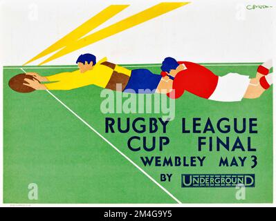 Affiche du métro de Londres - œuvre Charles Burton - FINALE de LA COUPE DE RUGBY À XV 1930 Banque D'Images