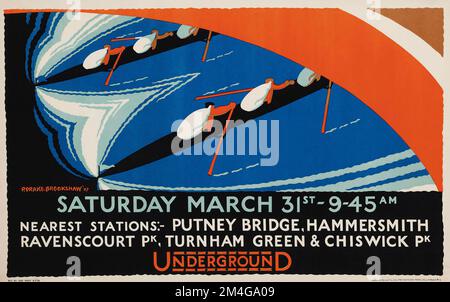 Affiche souterraine de Londres - Percy Drake Brookshaw - course de bateaux - SAMEDI 31st MARS, PONT PUTNEY, HAMMERSMITH, 1928 Banque D'Images