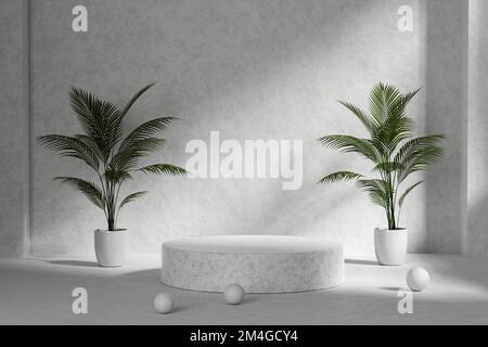 Scène minimale avec podium, pot de plantes, palmiers tropicaux. Tendance 3D rend pour les bannières de médias sociaux, la promotion, le salon de produits cosmétiques. Banque D'Images