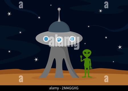 Extraterrestre avec main levée. Humanoïde verte. Illustration vectorielle. Illustration de Vecteur