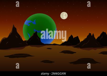 Vue de la Terre et de la Lune depuis Mars. Paysage martien. Illustration vectorielle. Illustration de Vecteur