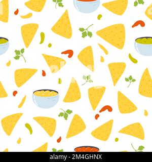 Motif sans couture avec éclats de tortilla, style dessin animé plat. Fond vectoriel dessiné à la main avec des nachos tortillas, cuisine mexicaine Illustration de Vecteur