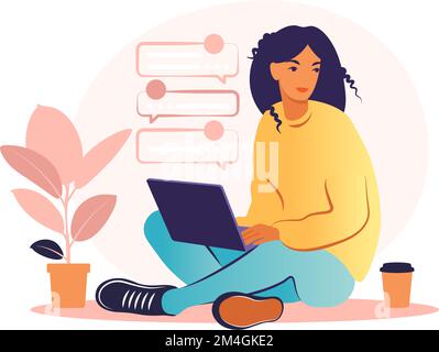 Femme assise avec un ordinateur portable. Illustration de concept pour le travail, l'étude, l'éducation, le travail à domicile, un mode de vie sain. Peut être utilisé pour les arrière-plans Illustration de Vecteur