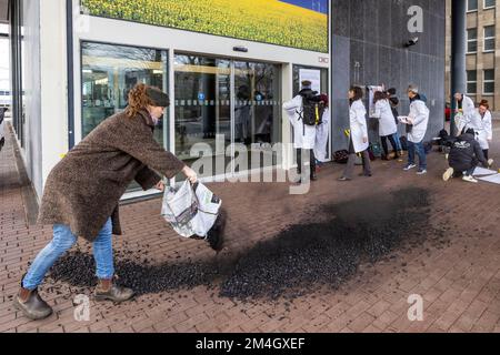 Düsseldorf, Allemagne. 21st décembre 2022. Un activiste du groupe 'la rébellion citiste' verse du charbon lors d'une action de protestation, tandis que d'autres membres du groupe collent des affiches sur la façade et sur les fenêtres. Les activistes de l'environnement protestaient devant l'entrée du Ministère de l'économie, de l'industrie, de la protection du climat et de l'énergie de l'État de Rhénanie-du-Nord-Westphalie pour la préservation du village de Lützerath à la mine à ciel ouvert de Garzweiler. Credit: Christoph Reichwein/dpa/Alay Live News Banque D'Images