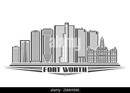 Illustration vectorielle de fort Worth, signe horizontal monochrome avec conception linéaire célèbre paysage urbain américain, concept d'art urbain sombre avec l unique Illustration de Vecteur