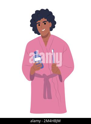 Journée mondiale de la santé bucco-dentaire. Une jeune fille afro-américaine souriante tient une brosse à dents et un bain de bouche. Illustration vectorielle plate Illustration de Vecteur