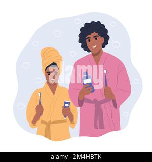 Mois national de la santé dentaire des enfants. L'enfant afro-américain et sa mère tiennent des brosses à dents, du dentifrice et du bain de bouche. Vecteur plat Illustration de Vecteur