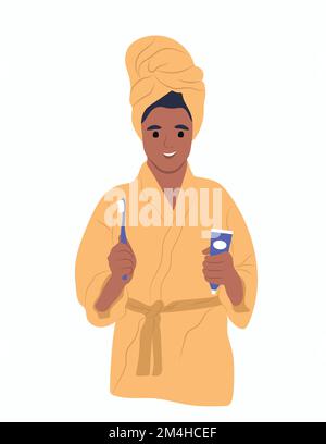 Journée mondiale de la santé bucco-dentaire. Une jeune fille afro-américaine souriante tient une brosse à dents et un bain de bouche. Illustration vectorielle plate Illustration de Vecteur