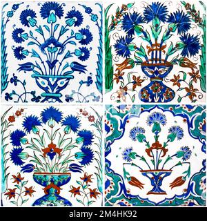 Ensemble de vase fleuri peint à la main carreaux turcs de l'Empire ottoman de l'Harem au Palais de Topkapi, Istanbul, Turquie. Banque D'Images