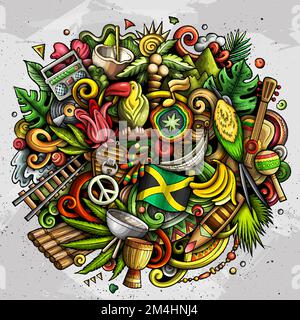 Illustration jamaïcaine de dessin animé. Drôle de conception cubaine. Arrière-plan vectoriel créatif avec éléments et objets de pays d'Amérique du Nord. Composi coloré Illustration de Vecteur