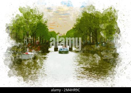 Peinture aquarelle du paysage urbain d'Amsterdam. Belle vue sur le canal d'Amsterdam, illustration aquarelle Banque D'Images