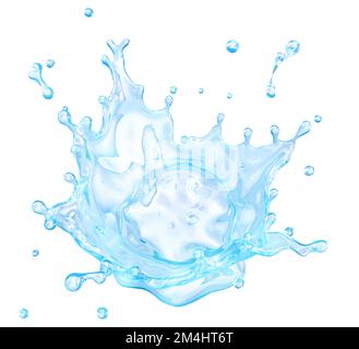 Eau pure bleue fraîche. Eau claire transparente, vague de liquide en éclaboussures translucides se forme isolée sur blanc, 3D éclaboussures de liquide de boisson Banque D'Images