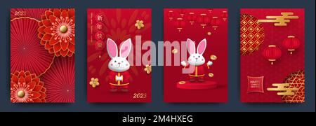 Ensemble de cartes de vœux pour la fête du nouvel an chinois. Ventilateurs rouges, lanternes, lapin en céramique et motif or. Traduit du chinois - Bonne Année. Illustration de Vecteur