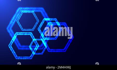 Formes hexagonales en petites particules luminescentes avec profondeur de champ. Formes en nid d'abeille à particules de néon luminescentes. Résumé de la technologie. Illustration de Vecteur