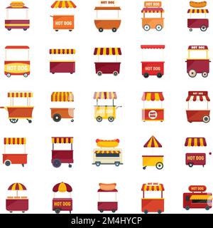 Les icônes de chariot pour hot dog définissent un vecteur plat. Restauration d'entreprise. Cafe Carnival isolé Illustration de Vecteur