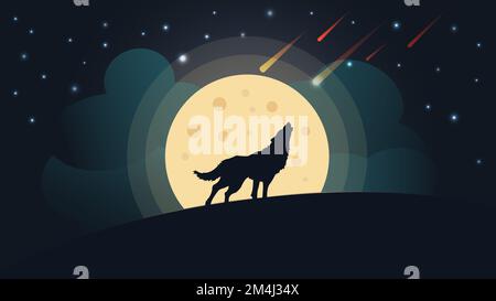 Wolf hurle à la lune à l'illustration du vecteur de nuit Banque D'Images