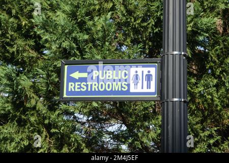 Panneau des toilettes publiques sur un poteau noir devant un arbre vert. Banque D'Images