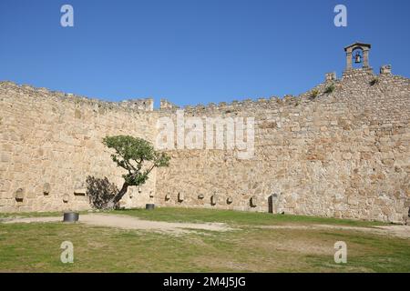 Cour intérieure avec pignon cloche et figuier du château et de la ville historique fortification Castillo, mur de pierre, clocher, Trujillo, Estrémadure Banque D'Images