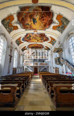 Galerie d'orgue et fresques de plafond, église de Saint Martin et Alexander, Waltenhofen, Allgaeu, Bavière, Allemagne Banque D'Images