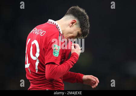 Alejandro Garnacho, de Manchester United, réagit lors du quatrième tour de la Carabao Cup à Old Trafford, Manchester. Date de la photo: Mercredi 21 décembre 2022. Banque D'Images